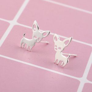 Retro Miniture Chihuahua Dog Stainless Steel Ear Stud Silver Earrings